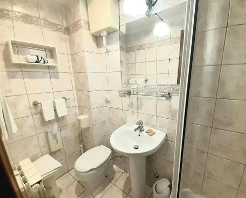 热那亚米拉马雷城堡酒店的一间带卫生间和水槽的小浴室