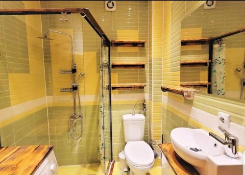 普里什蒂纳Malda's Apartment的浴室配有卫生间、盥洗盆和淋浴。