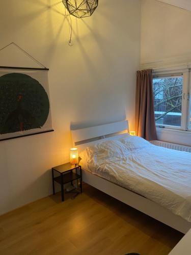 阿尔梅勒Lovely family house nearby Amsterdam and Schiphol的一间卧室设有一张床、一个窗口和一张桌子