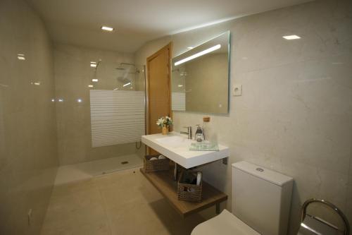 VidemonteAfonsos House & Rooms的一间带水槽、卫生间和镜子的浴室