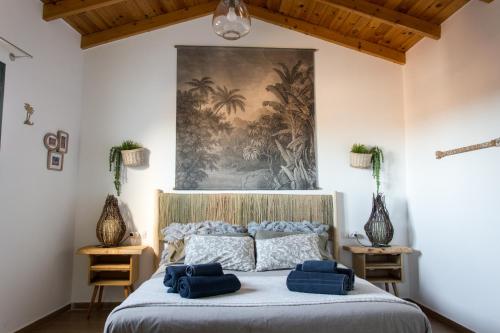 科蒂略Casa Nami的一间卧室配有一张带两个蓝色枕头的床