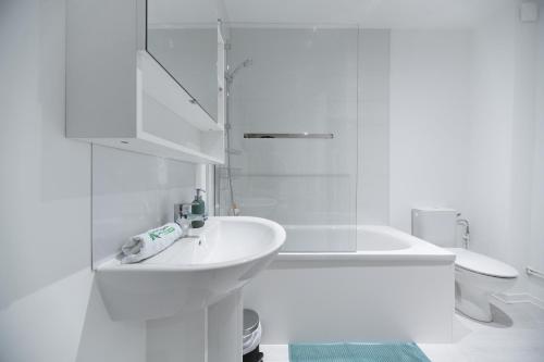 克莱蒙费朗※Perrier Fraise※ Coeur de ville ⁕ Appt d'exception的白色的浴室设有水槽和浴缸。