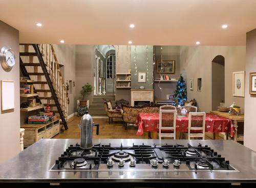 马焦内Podere Paradiso的厨房以及带炉灶的客厅。