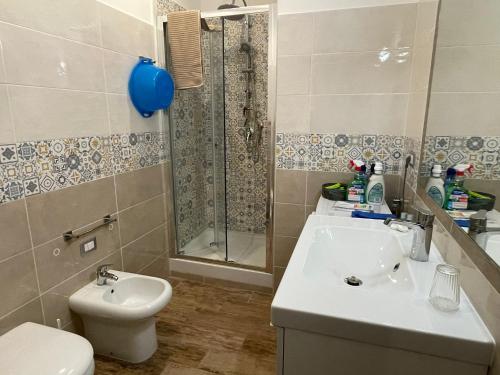 托瓦尼亚Le Sirene Casa Vacanza的一间带水槽、淋浴和卫生间的浴室