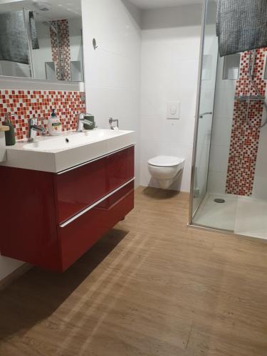 奥贝奈L'Obernois situé dans 1 résidence privée的一间带红色盥洗盆和卫生间的浴室