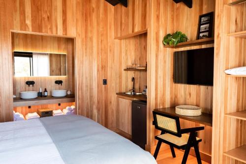何塞伊格纳西奥Aires Puros的一间卧室配有一张床、一张书桌和一台电视