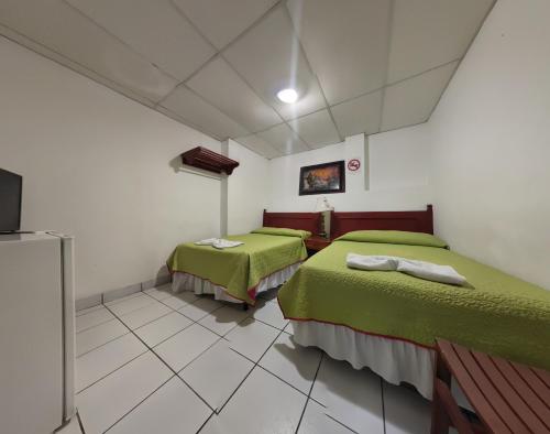 圣萨尔瓦多圣何塞拉蒙塔纳酒店的配有绿床单的客房内的两张床