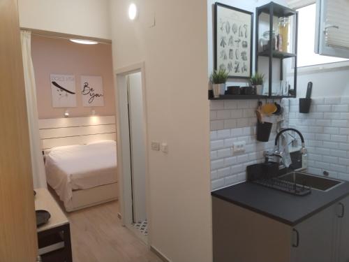 斯普利特Apartment Vespa & Jacuzzi的一个带水槽的厨房和一张位于客房内的床