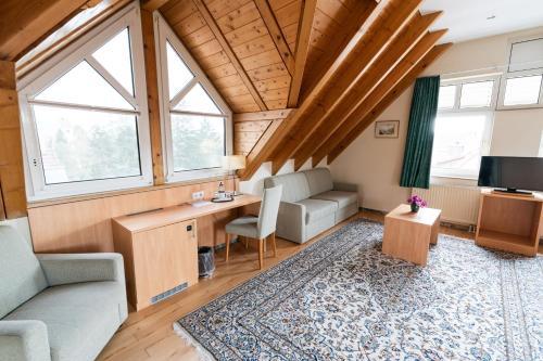 莱茵河畔的纳沙泰尔斯塔德特豪斯酒店的客厅设有木制天花板和窗户。