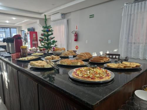 CaçadorSognare Hotel的自助餐,包括许多不同类型的比萨饼和圣诞树