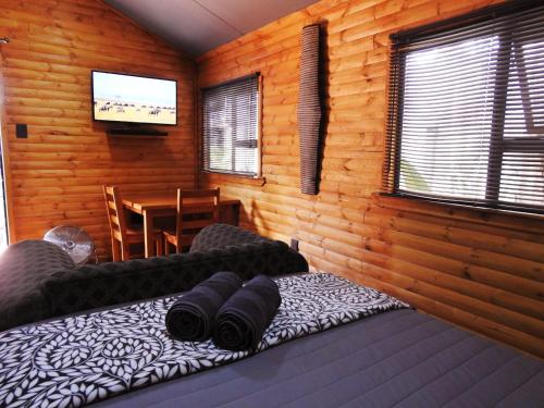 波罗瓜尼ZUCH Accommodation at Pafuri Self Catering - Guest Cabin的一间卧室配有一张带电视和桌子的床。