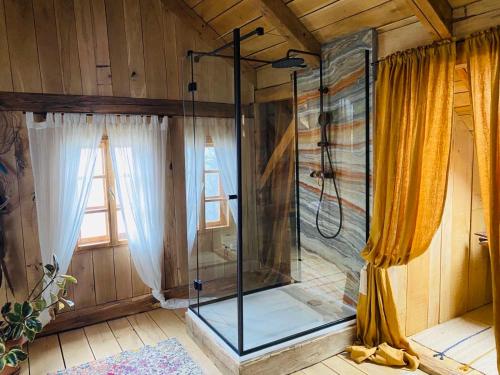 PristavaEstate Ana的玻璃淋浴间,带窗帘的房间