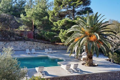 米西姆纳Aquamare Lesvos的一个带椅子的游泳池,并种植了棕榈树