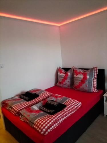 斯图加特Stuttgart Holiday 02的一间卧室配有一张带红色床单和枕头的床。