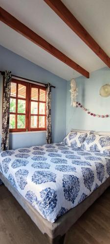 皮斯科艾齐Casa Jardín de Hadas con Vista Panorámica的卧室配有蓝色和白色的床,设有窗户