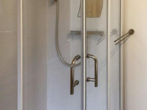 SkibbyHoliday home Skibby XIV的淋浴间设有玻璃门和淋浴帘