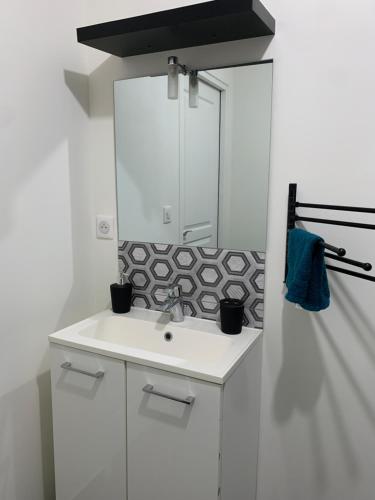 亚眠Appartement duplex proche zénith, mégacité, stade的白色的浴室设有水槽和镜子
