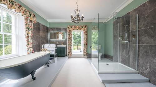 GilwernPantybeiliau House Bed & Breakfast的一间带浴缸和淋浴的浴室以及吊灯。