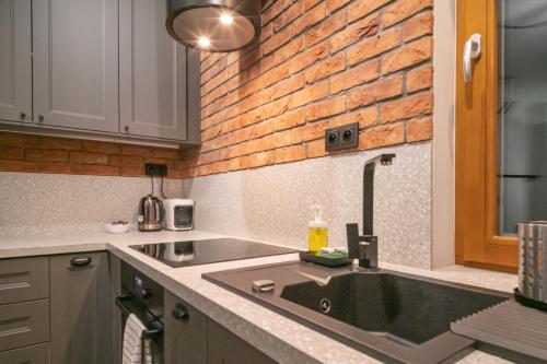 华沙Labo Apartment Metro Młociny的厨房设有水槽和砖墙