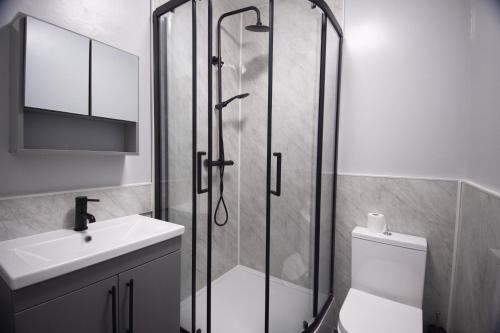 因弗内斯The Black Isle Retreat的带淋浴、卫生间和盥洗盆的浴室