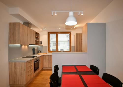 布尔诺EFI Residence Holzova 28的厨房配有红色地毯的桌子