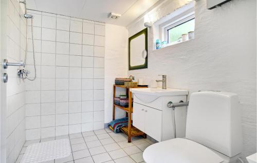马里博Cozy Home In Maribo With Kitchen的浴室配有卫生间、淋浴和盥洗盆。