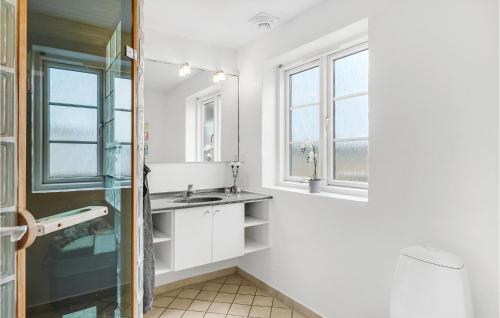 罗莫柯克比Cozy Home In Rm With House Sea View的白色浴室设有水槽和2扇窗户