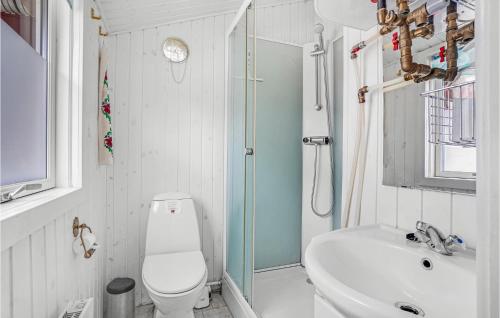 勒维Stunning Home In Rrvig With 5 Bedrooms, Sauna And Wifi的带淋浴、卫生间和盥洗盆的浴室
