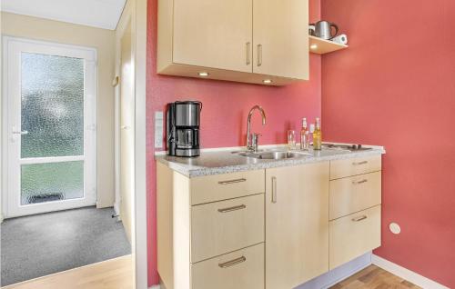 阿灵厄Nice Apartment In Allinge With Wifi的一个带水槽和红色墙壁的厨房