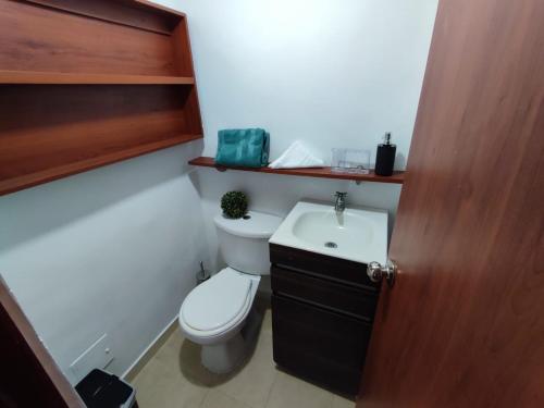 佩雷拉Habitación privada con vista a la ciudad的一间带卫生间和水槽的小浴室
