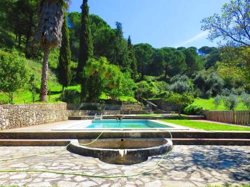 莫什港One bedroom house with lake view shared pool and furnished garden at Porto de Mos的棕榈树庭院中的游泳池