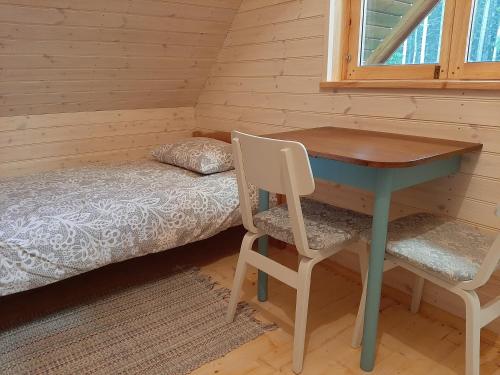 Suurepera puhkekeskuse saunamaja的客房设有书桌、床和桌子。