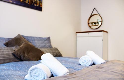维也纳Goldberger Apartment 1020的一间卧室,在床上配有毛巾和镜子