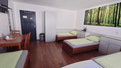 奥洛穆茨Ubytování Barborka的客房设有两张床、一张桌子和一张书桌。