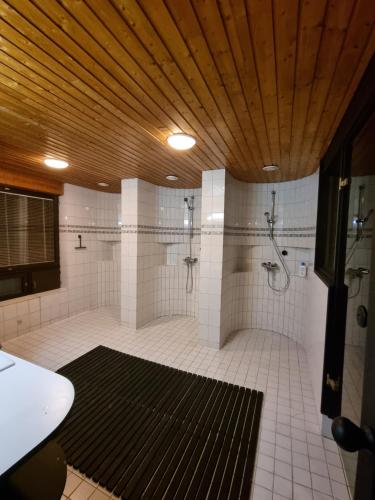 库萨莫Villa Uuttu的带淋浴的浴室和黑色地毯。