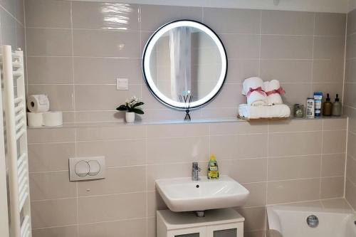 布达佩斯DN Green apartment的白色的浴室设有水槽和镜子