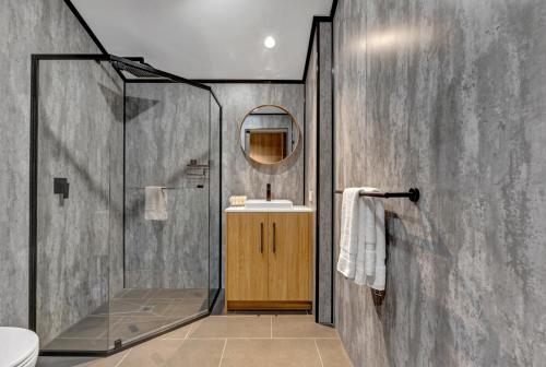 高勒Gawler Arms Hotel的带淋浴、盥洗盆和镜子的浴室