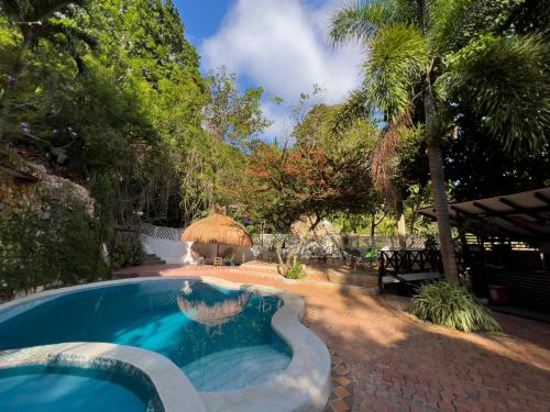 埃尔扎伊诺Lodge Cacao的一个带遮阳伞的庭院内的游泳池