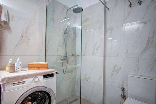 AnemómylosKellys Apartment的带淋浴和洗衣机的浴室