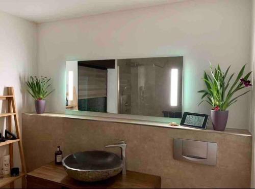 巴特黑雷纳尔布Moderne Ferienwohnung in bester Lage!的一间带水槽和镜子的浴室