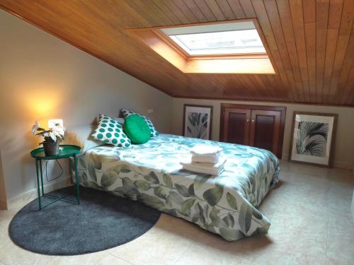 莱塞斯卡尔德-恩戈尔达Amplio ático con terraza en Andorra centro的一间卧室配有一张带天窗的床