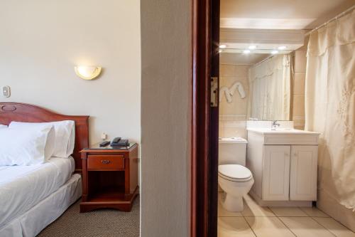 康塞普西翁HOTEL EL DORADO的浴室设有床、卫生间和水槽。