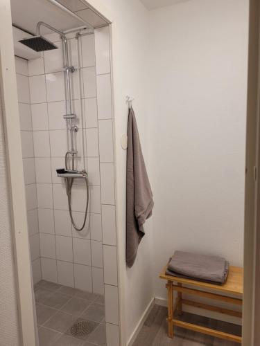 KulltorpBokskogens Guesthouse的一间带淋浴的浴室,墙上有一条毛巾