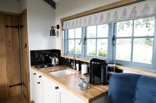 巴斯Skylark Shepherds Hut的带水槽的厨房和2扇窗户
