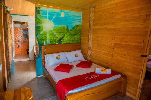 布兰卡滩Nuestros Tres Tesoros II的木制房间的一个床位,配有两个红色枕头