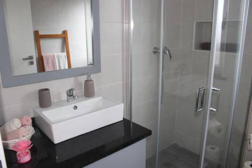 BiscoitosPedras Negras House的浴室配有白色水槽和淋浴。