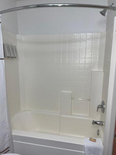 比林斯布特希尔套房酒店的浴室配有白色浴缸和淋浴。