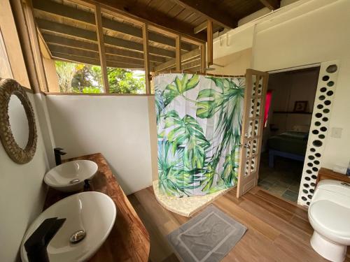 博卡斯德尔托罗Tesoro Escondido Ecolodge Cabinas的一间带水槽和卫生间的浴室以及窗户。