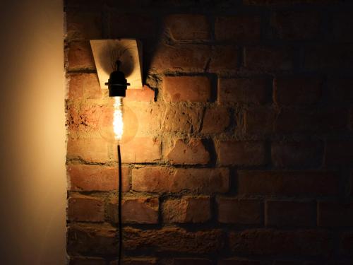 萨格勒布Green Garden Station的房间里的砖墙上的一个灯泡