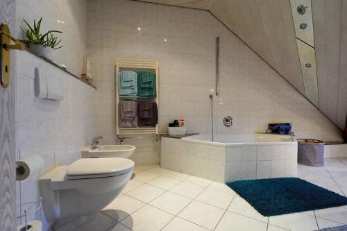 魏因海姆Große, helle Wohnung für bis zu 6 Personen的浴室配有卫生间、浴缸和水槽。